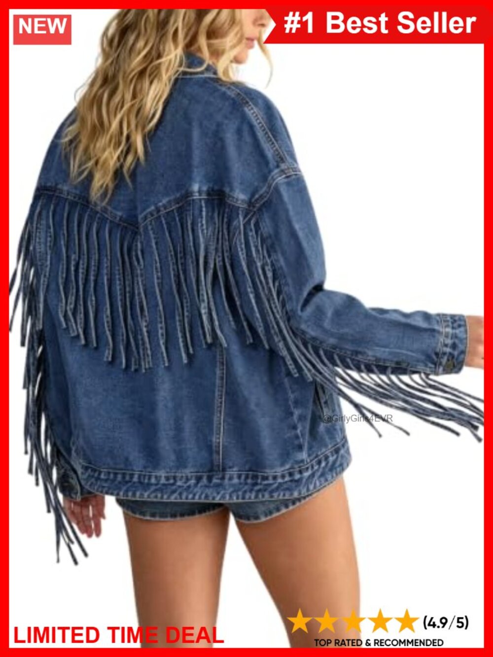 Oversized Fringed Denim Jacket Western 100% Cotton Button Down